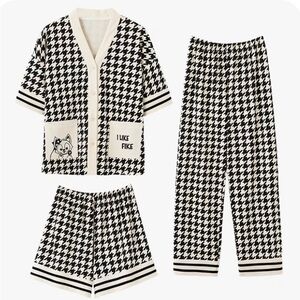 100 Cotton Pajamas 3 Piece Set Women Houndstooth Short  Sleeve Pant Shorts